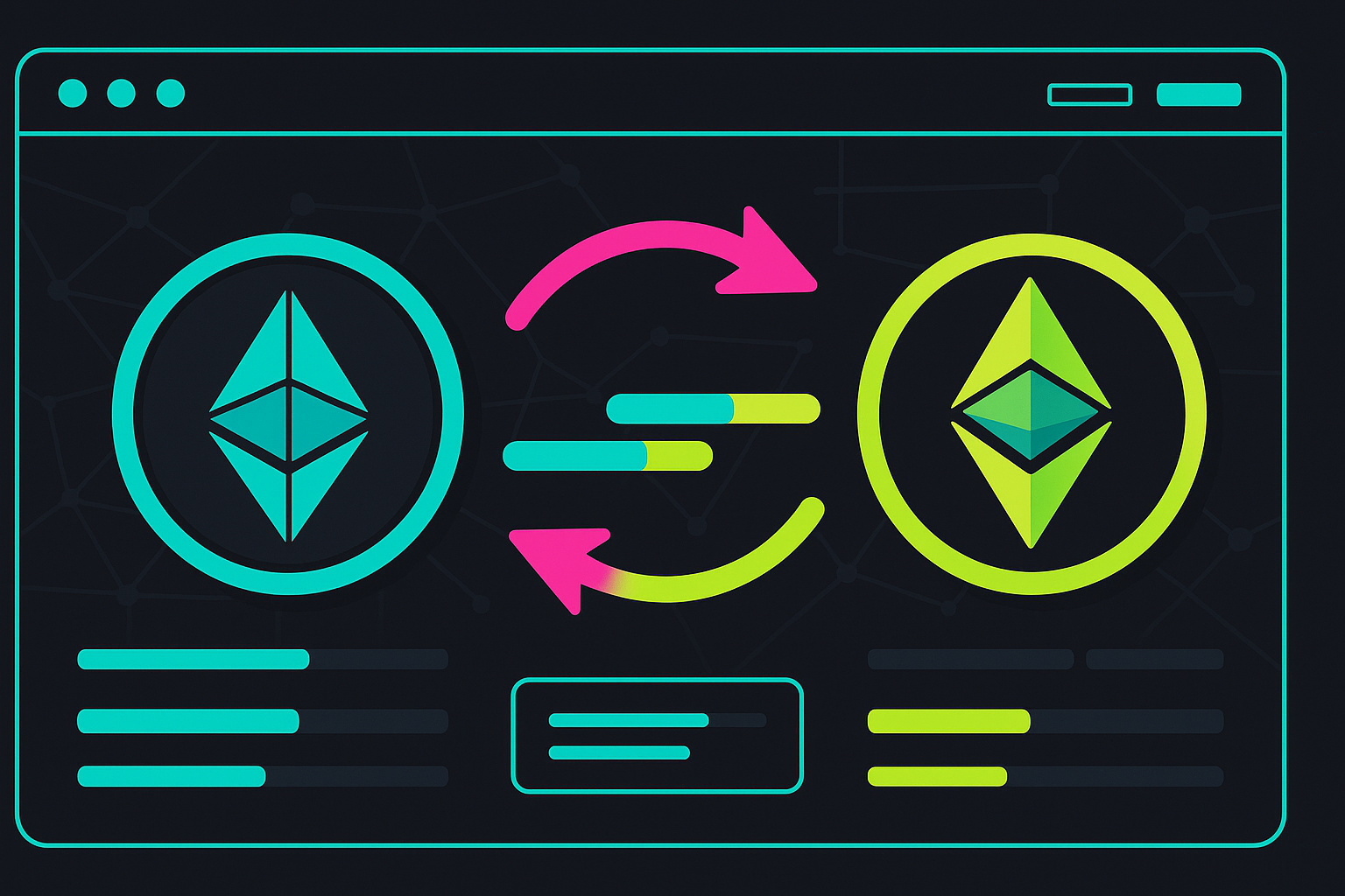 Modern crypto dashboard banner illustrating an ETH to ETC swap with animated coins and network nodes