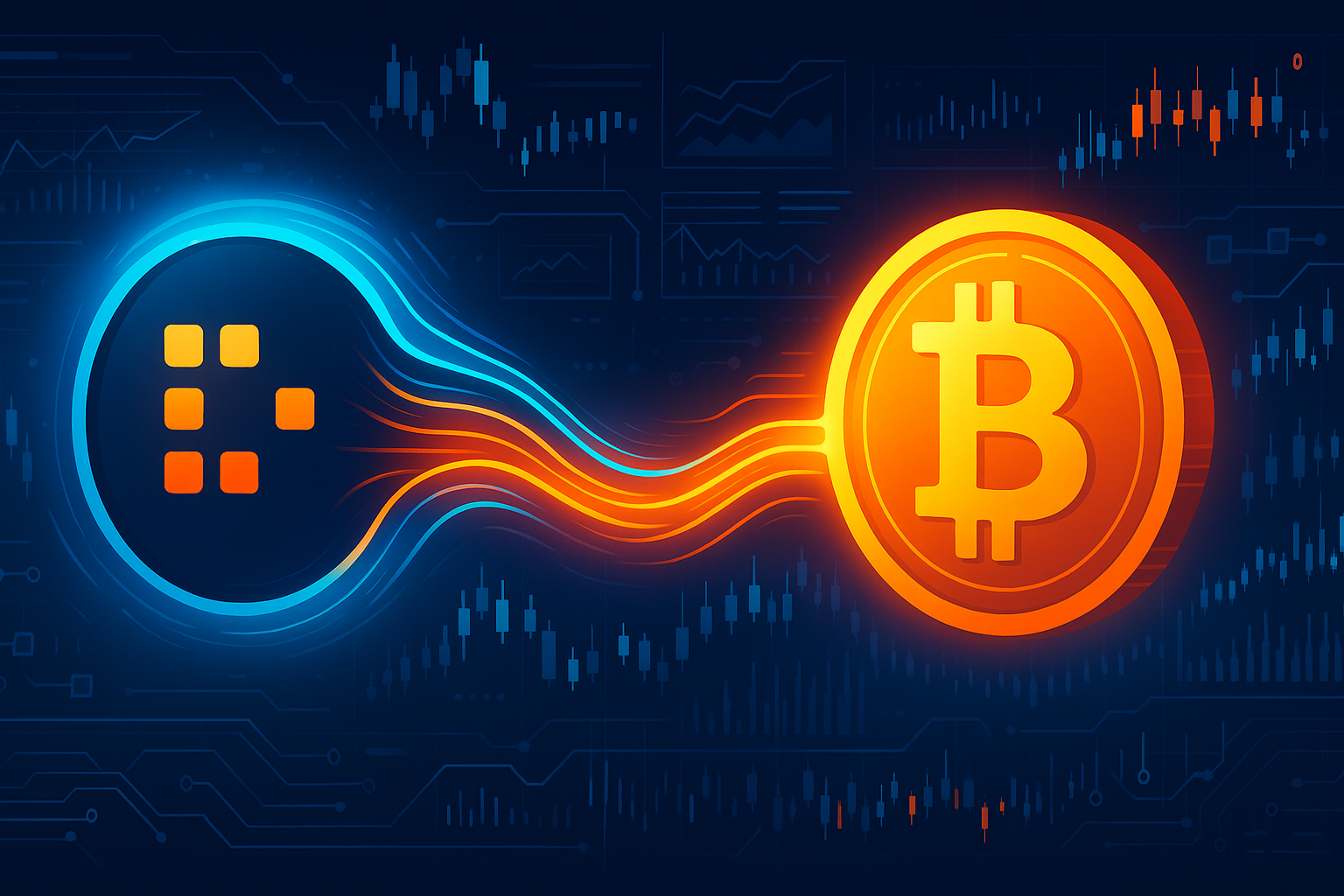 FET to BTC swap banner with glowing tokens, charts and data streams