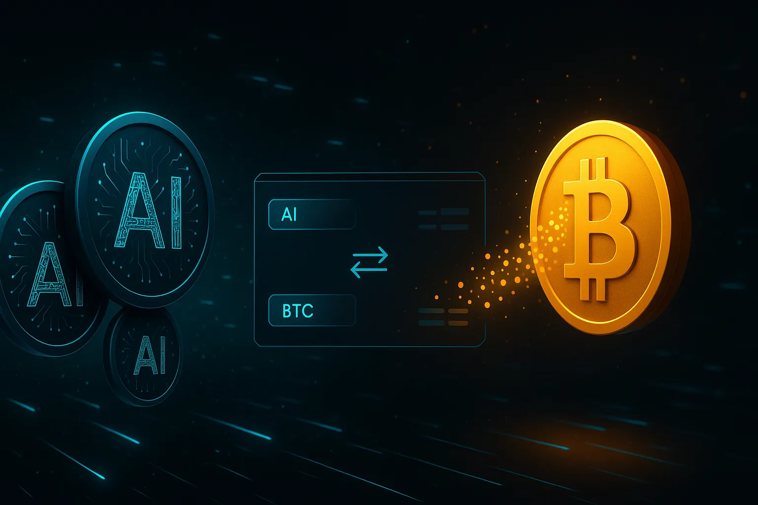 Interfaccia di scambio FET-BTC con token AI convertiti in Bitcoin in un terminale crittografico futuristico