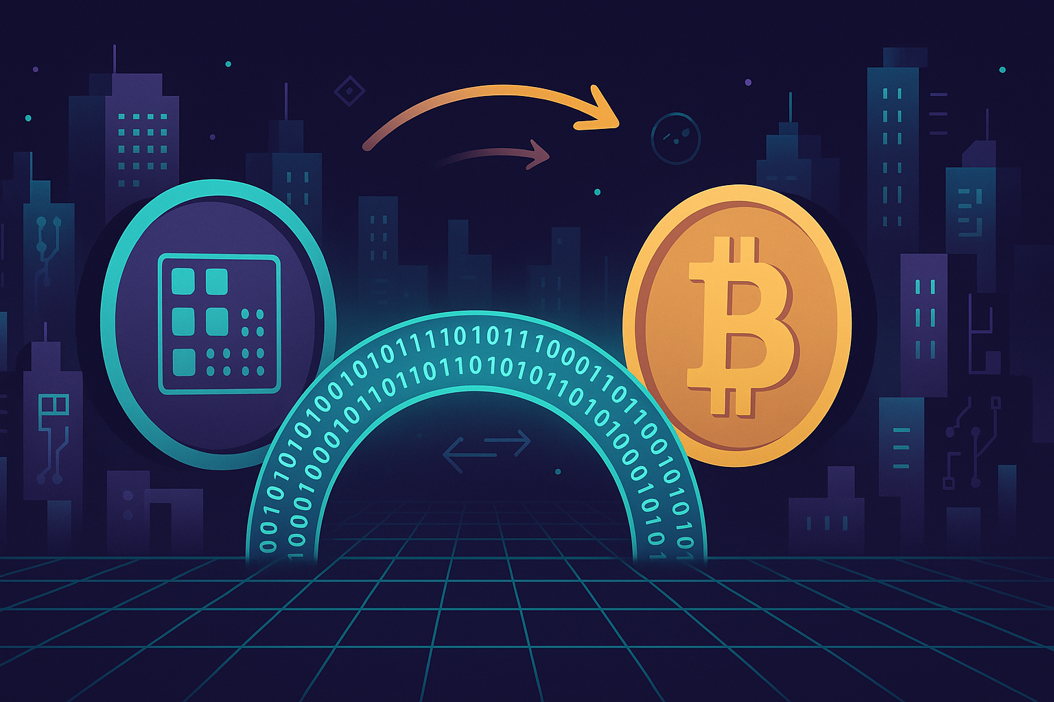 Modern crypto illustration of FET to BTC swap across a glowing digital bridge