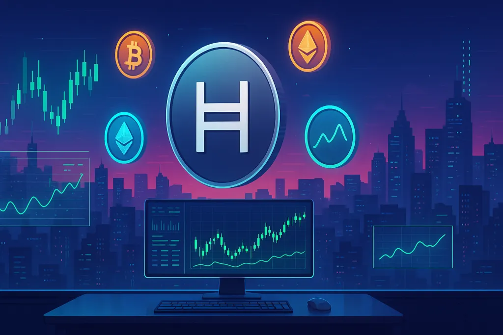 Futuristic crypto trading desk with holographic HBAR price charts over neon city skyline
