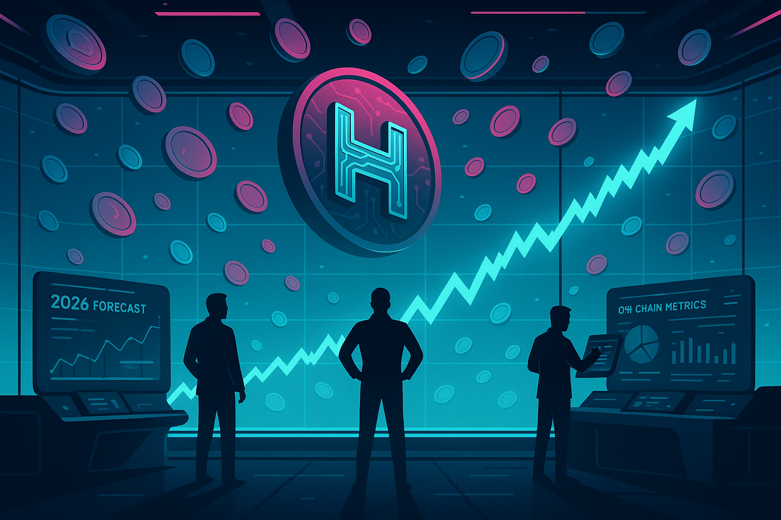 Futuristic crypto control room with HBAR-style token and rising price chart