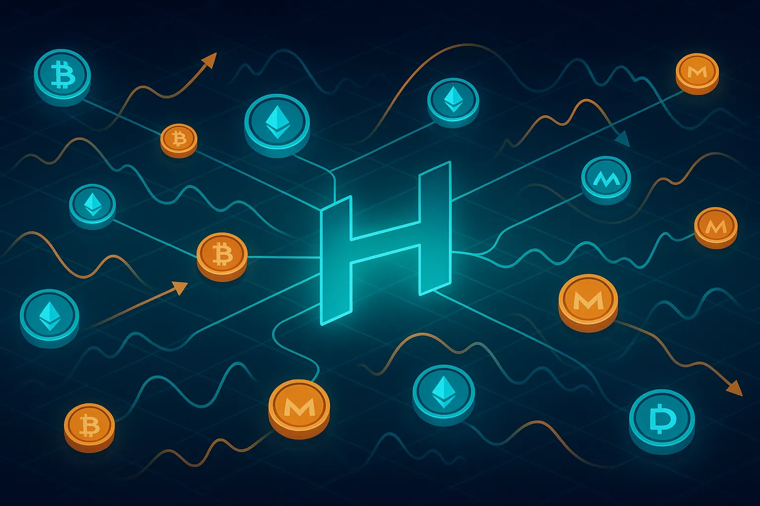 Isometric blockchain network forming an H-bar symbol with price trend arrows