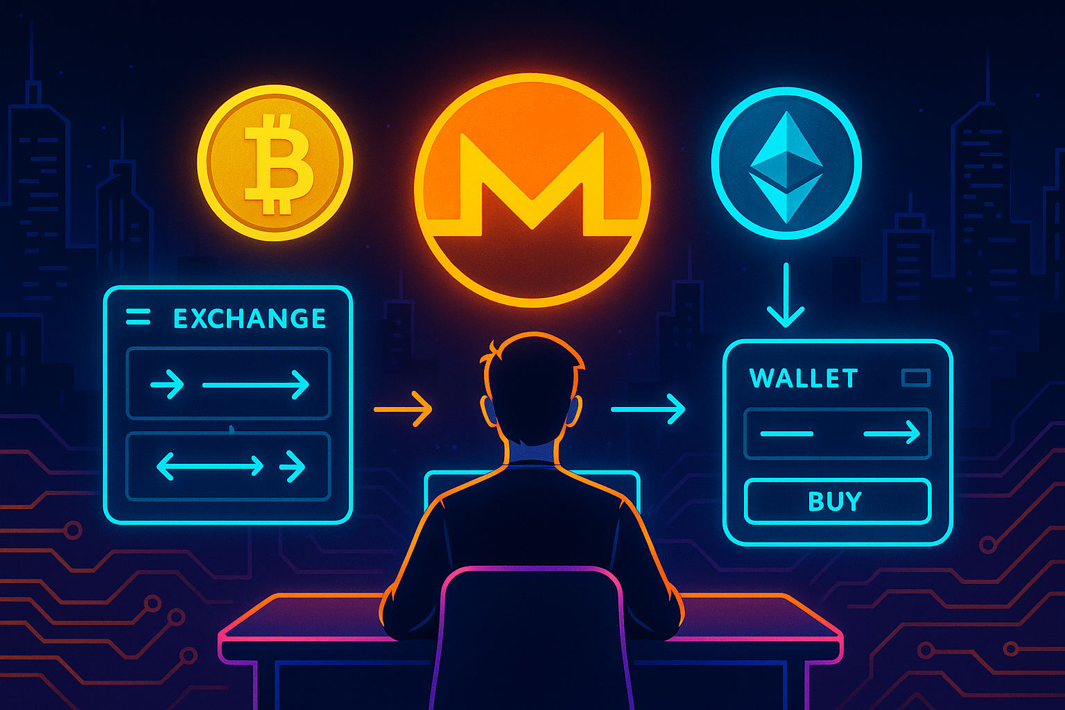 User swapping Bitcoin and Ethereum into Monero on a futuristic crypto exchange