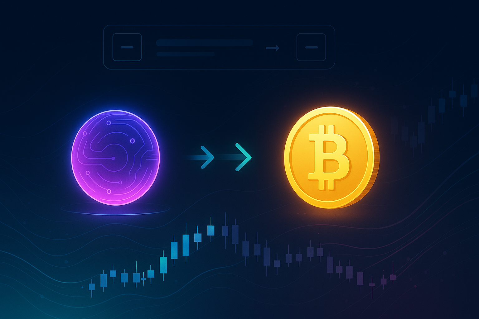 Futuristic crypto exchange interface visualizing ICP to BTC swap with neon coins and charts
