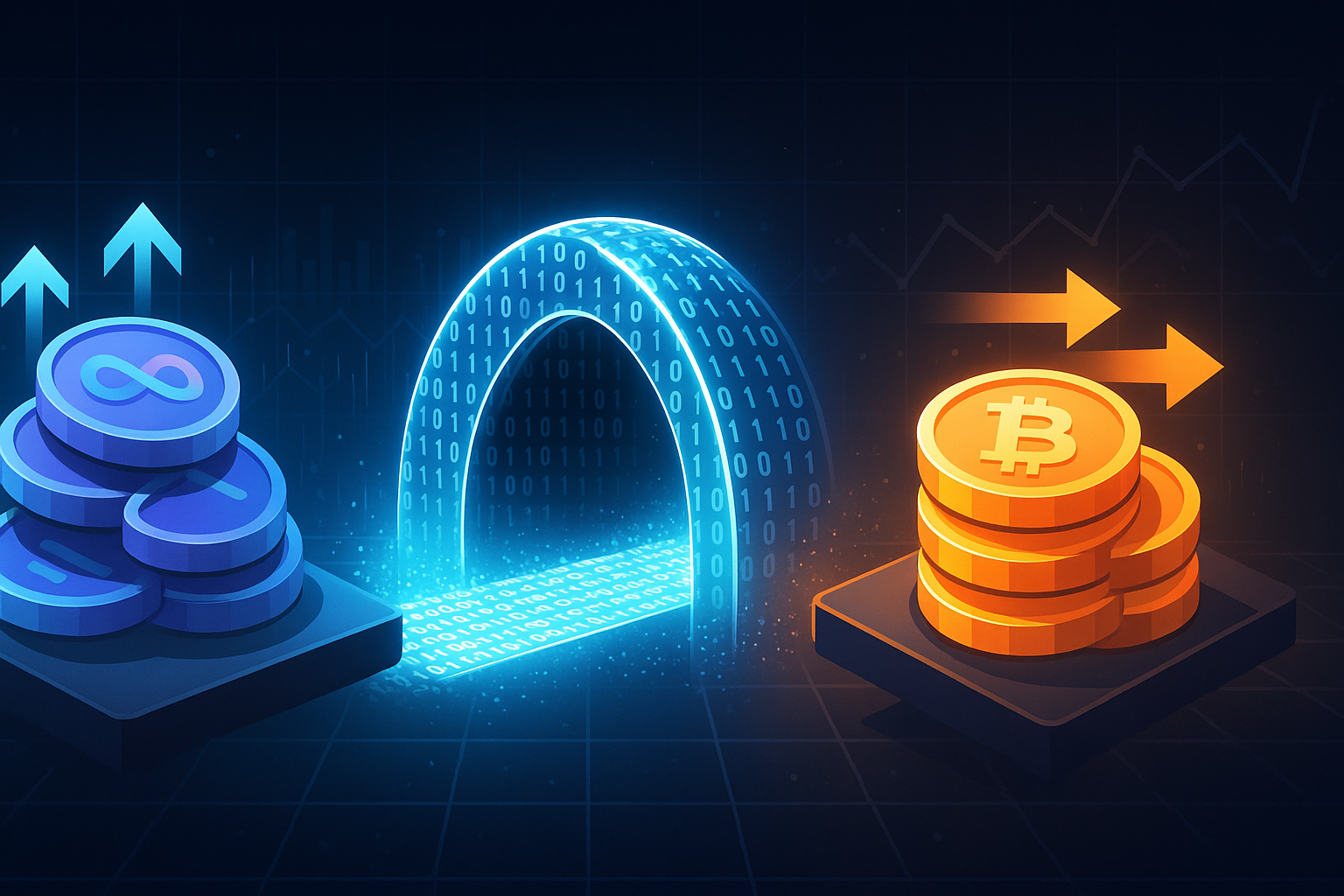 Futuristic digital bridge of code swapping ICP-like tokens to Bitcoin-style coins