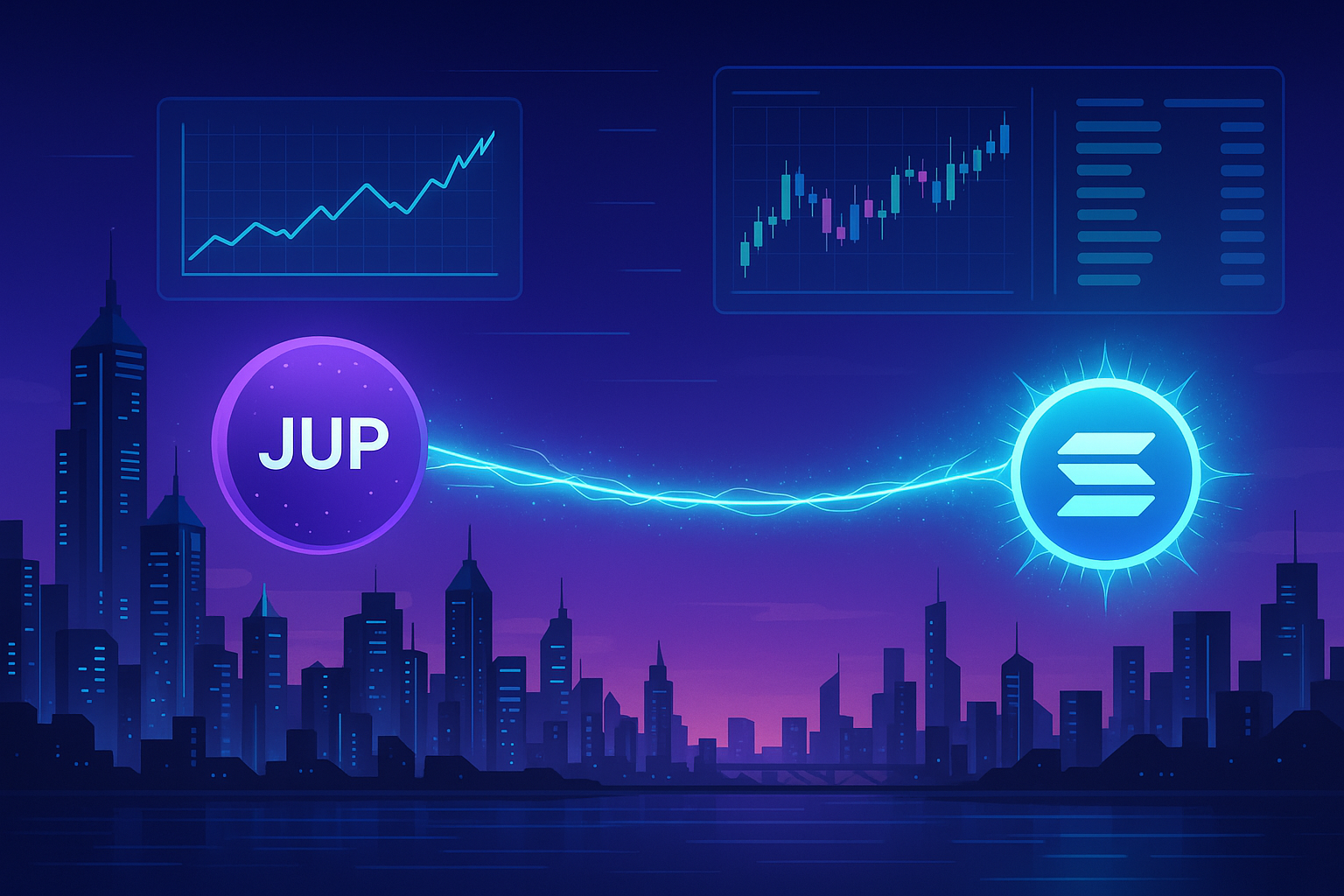 Futuristic skyline showing value bridge from JUP token to SOL coin at dusk