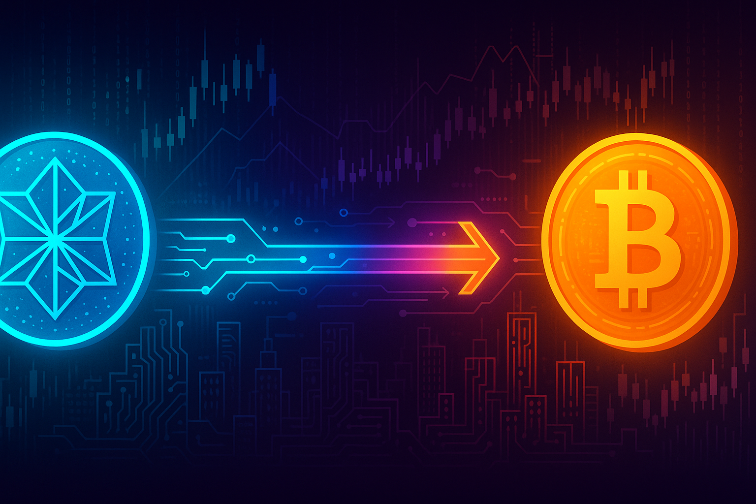 Futuristic Kaspa to Bitcoin swap interface with neon crypto pipeline