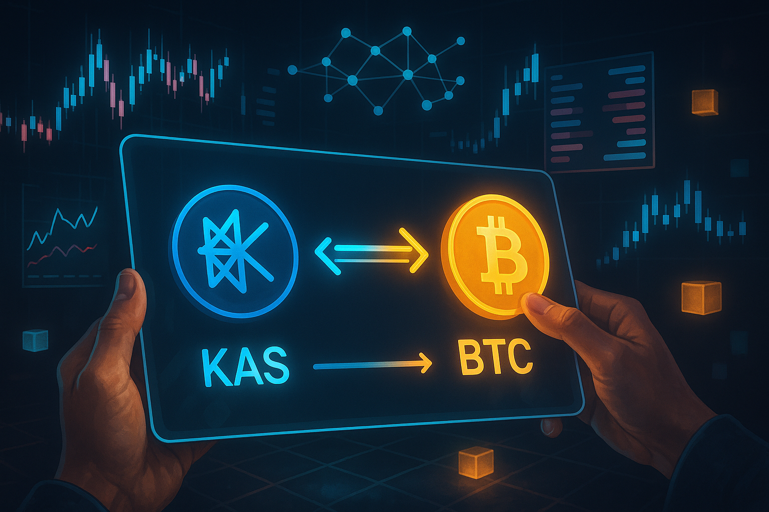 Digital crypto banner showing KAS to BTC swap on holographic tablet
