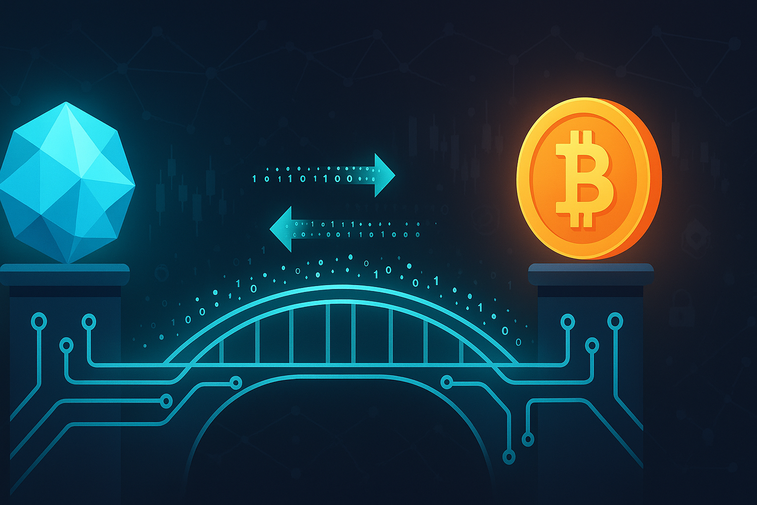 Abstract bridge of circuit traces showing Kaspa to Bitcoin crypto swap flow