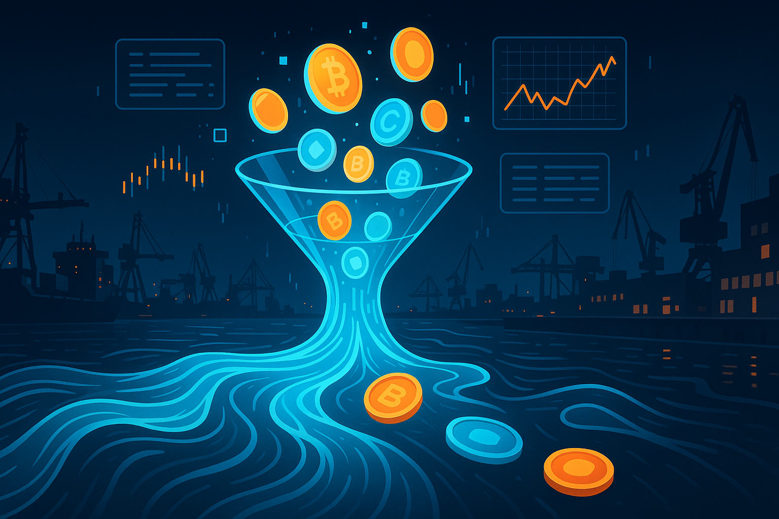 Cyberpunk harbor funneling digital ocean currents into glowing Bitcoin and crypto tokens at night