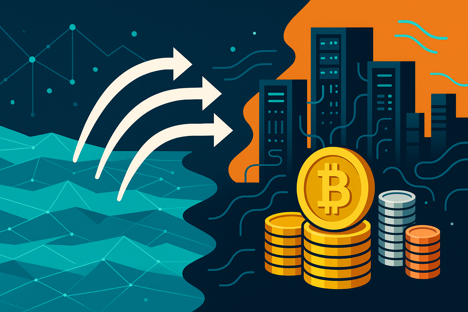 Abstract ocean-to-Bitcoin swap illustration with crypto coins and data flow