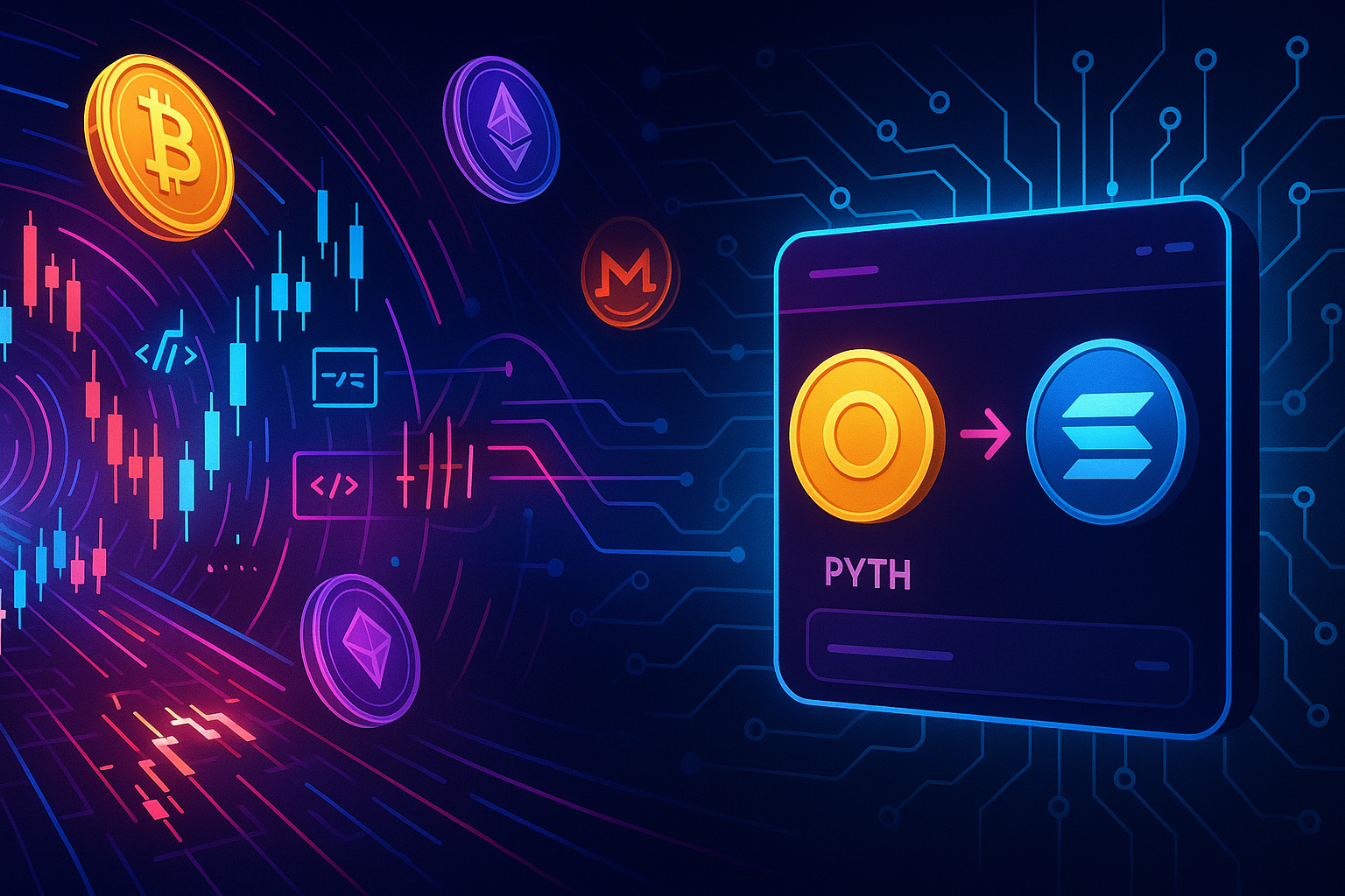 Neon crypto tunnel showing PYTH to SOL token swap on a futuristic DEX