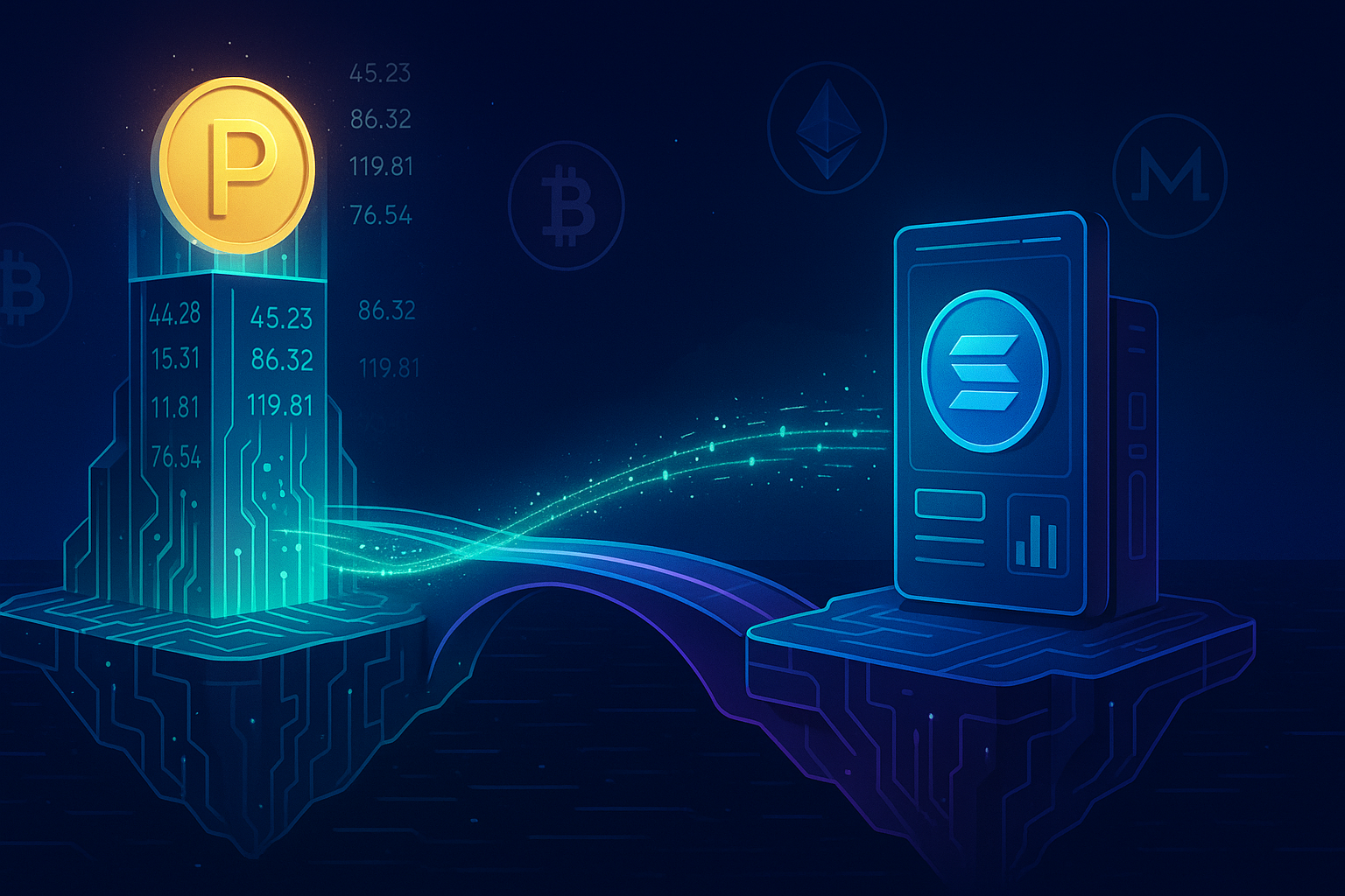 Futuristic PYTH to SOL trading bridge between digital crypto islands