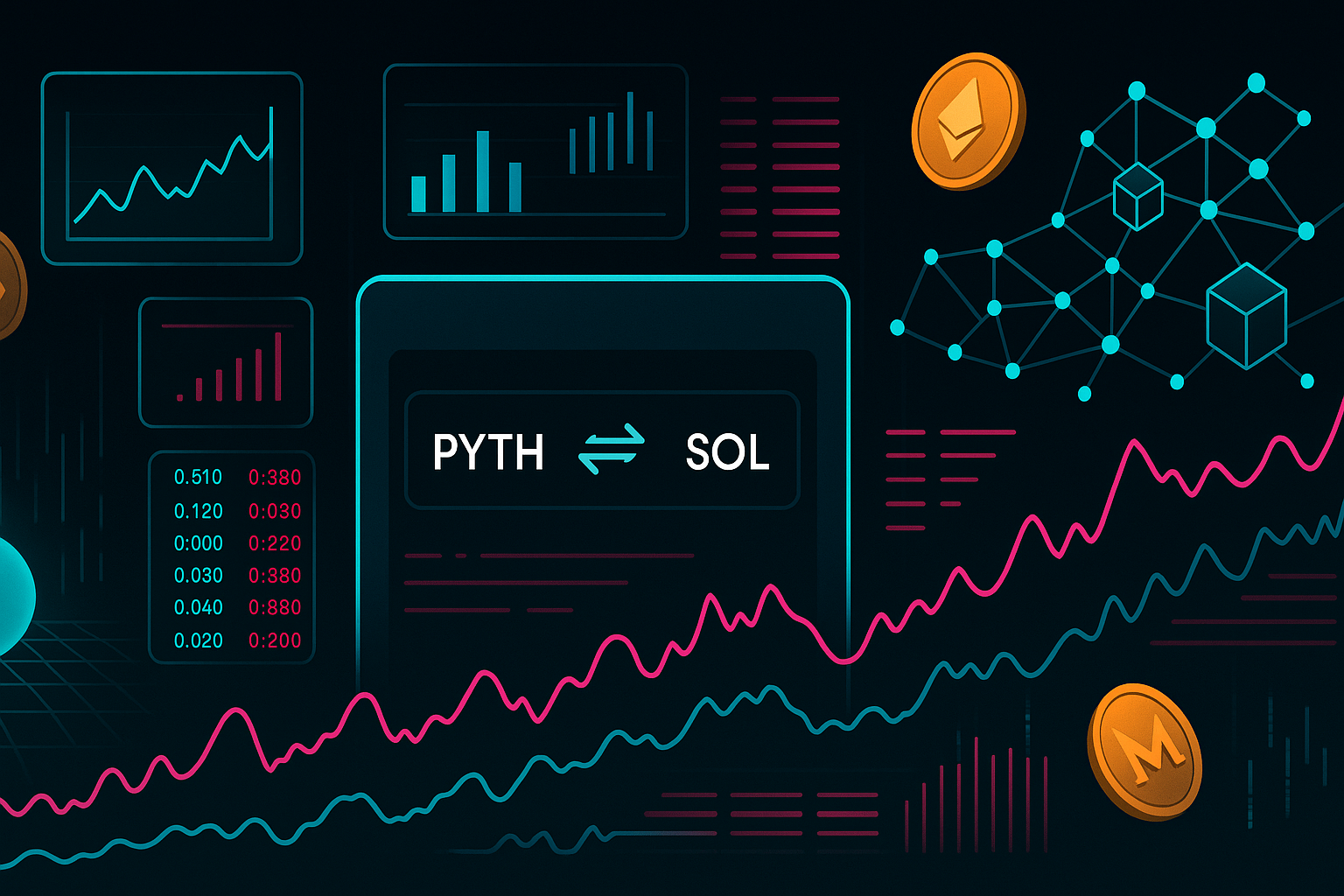 Flat design crypto banner showing PYTH to SOL swap with oracle data and secure blockchain network