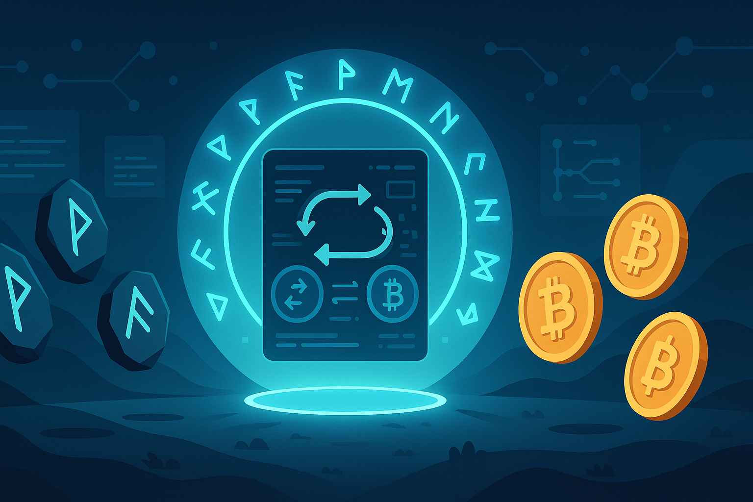 Rune to BTC swap illustration with digital portal, tokens, and blockchain UI