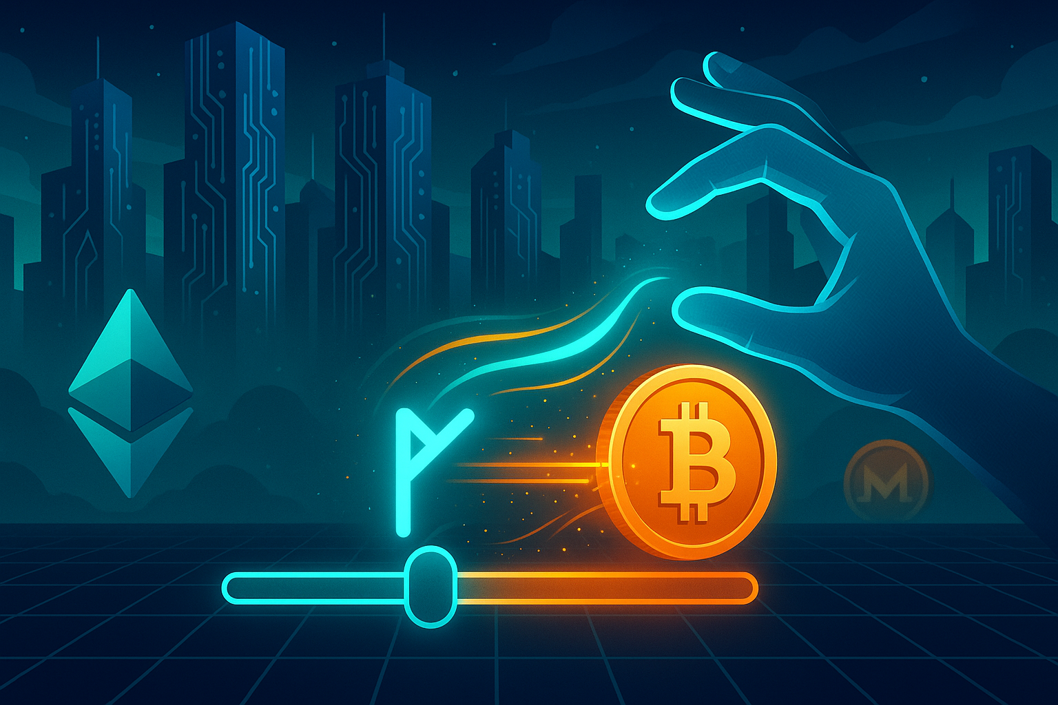 Futuristic crypto trader swapping rune token to BTC in a digital blockchain city