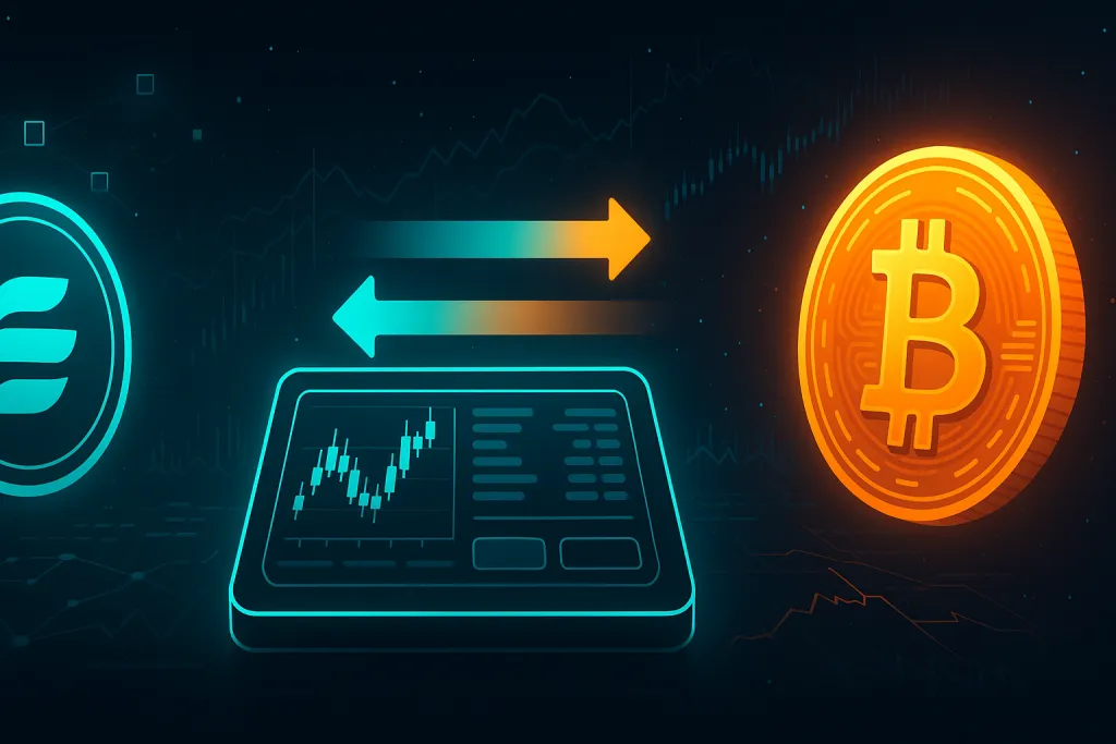 Futuristisches SEI-zu-BTC-Tauschterminal im Weltraum mit Streaming-Kryptodaten