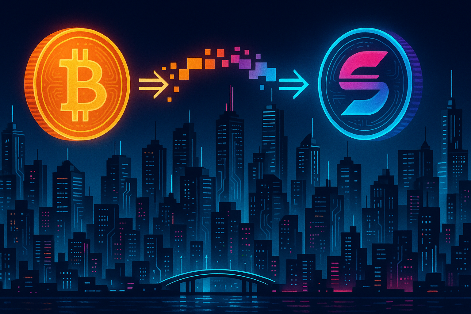 Neon cyberpunk skyline showing seamless Sei to BTC crypto swap