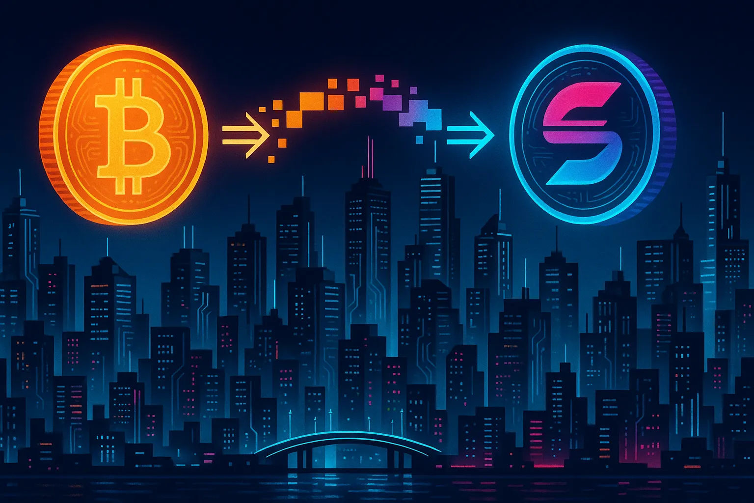 Neonfarbene Cyberpunk-Skyline, die einen nahtlosen Krypto-Tausch von Sei zu BTC zeigt.