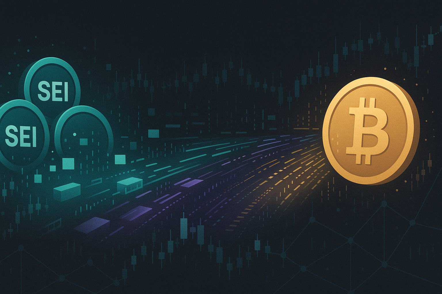 Abstract digital highway of SEI tokens swapping into Bitcoin coin with charts and code