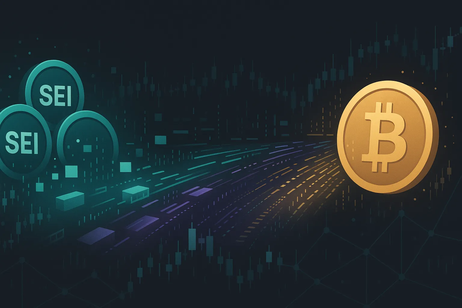 Abstrakte digitale Schnittstelle für den Tausch von SEI-Token in Bitcoin mit Diagrammen und Code
