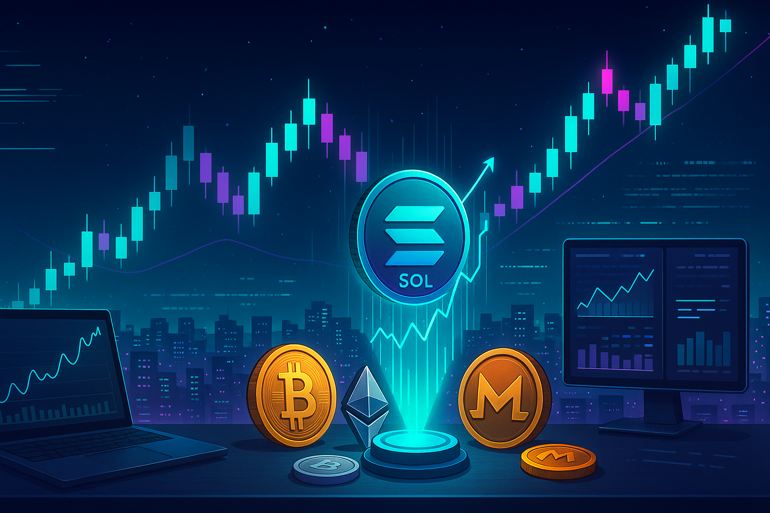 Futuristic Solana trading desk with neon candlestick chart and crypto coins over digital city
