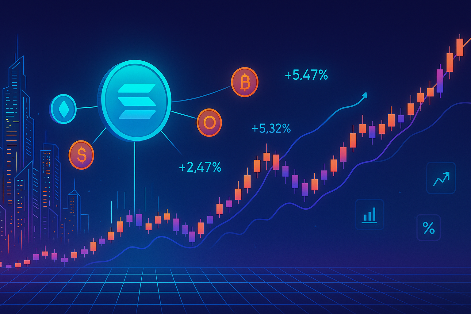 Futuristic Solana coin skyline with rising crypto price charts