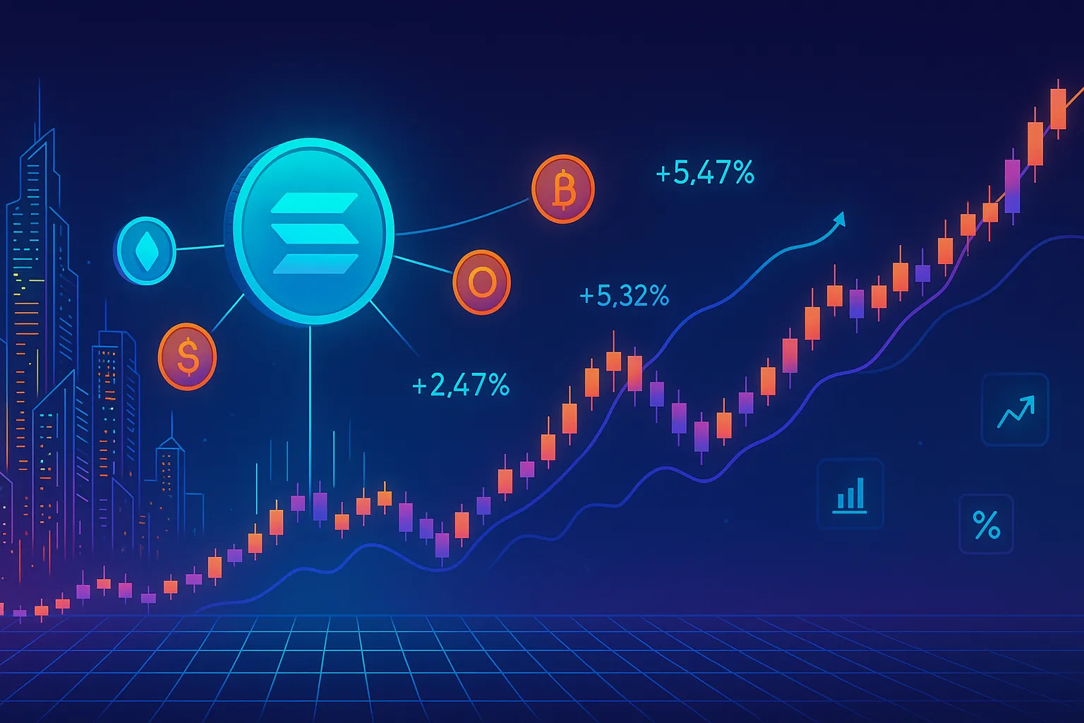 L'horizon futuriste de la cryptomonnaie Solana avec des graphiques de prix en hausse