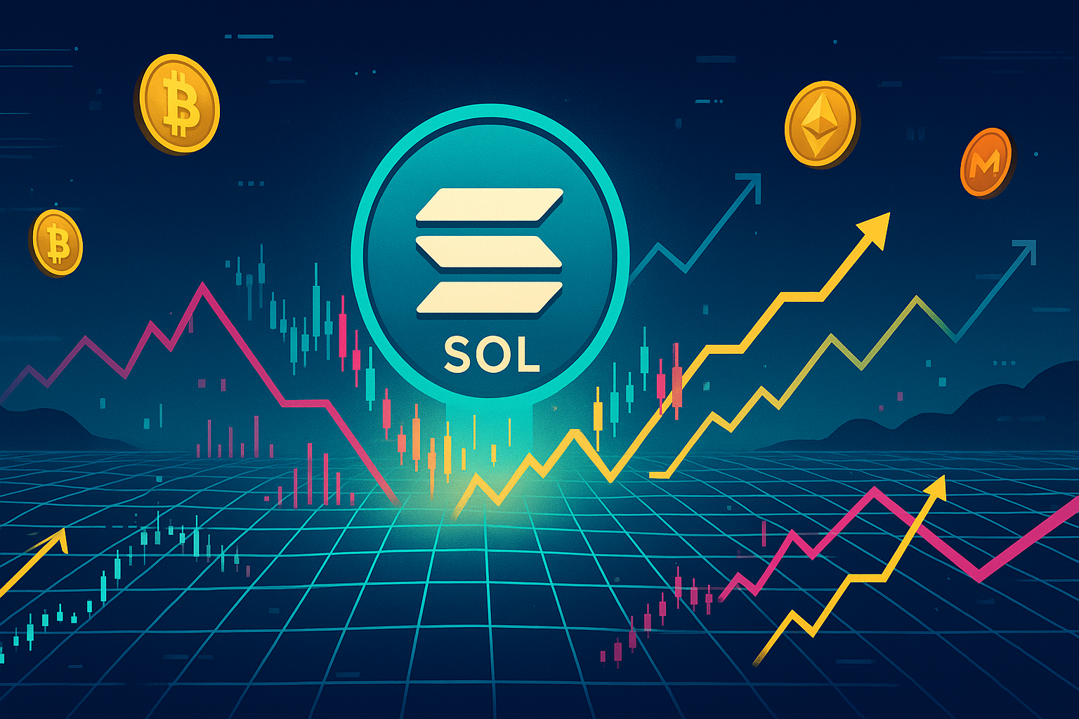 Solana coin rising over digital ocean with bullish and bearish crypto price paths