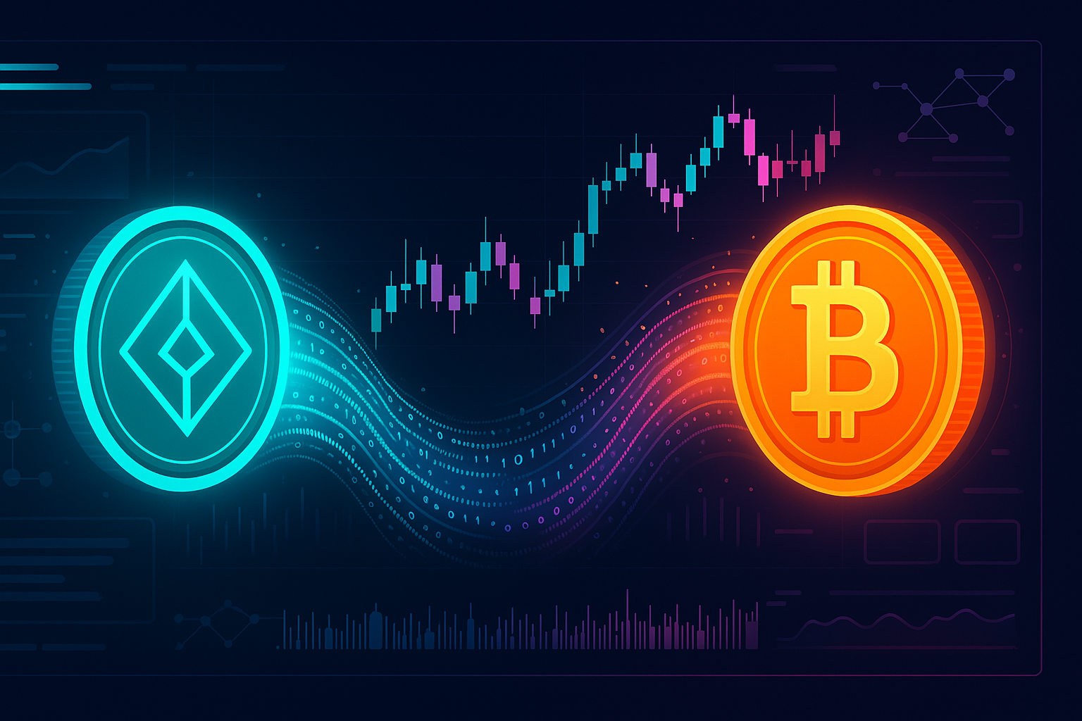 Futuristic crypto dashboard showing TIA-style coin swapping into Bitcoin-like coin