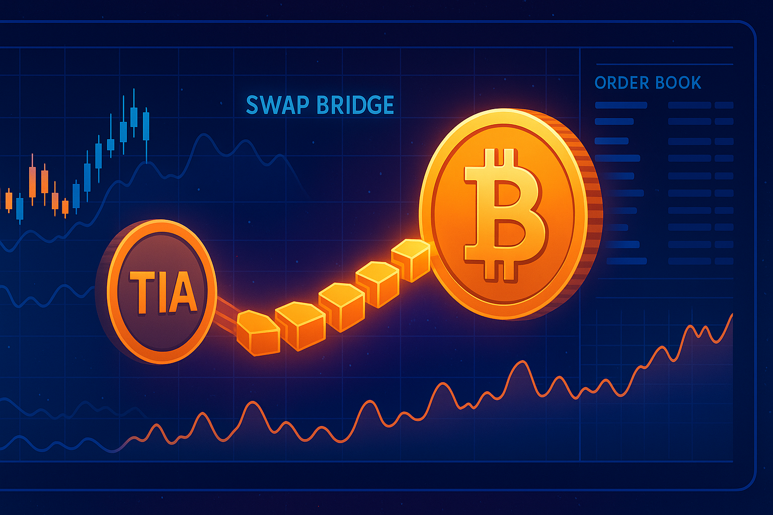 Cyberpunk TIA to BTC swap interface with coins and trading graphs