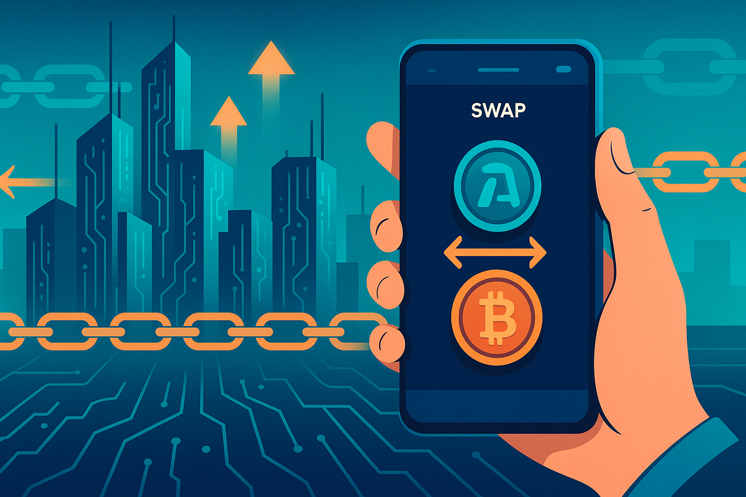 Trader using smartphone app to swap TIA tokens to Bitcoin in a futuristic crypto city