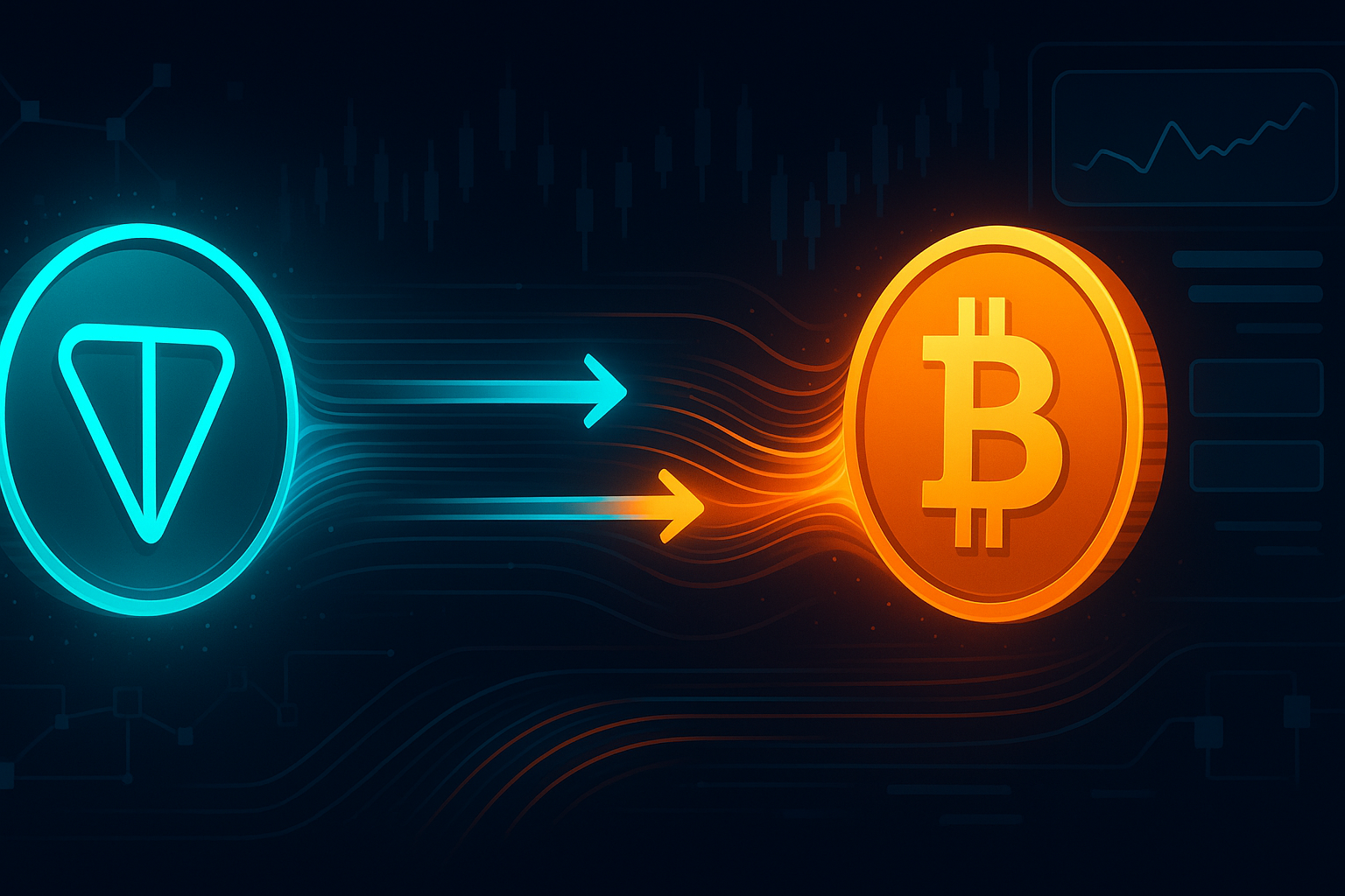 Futuristic crypto dashboard visualizing a secure TON to BTC swap