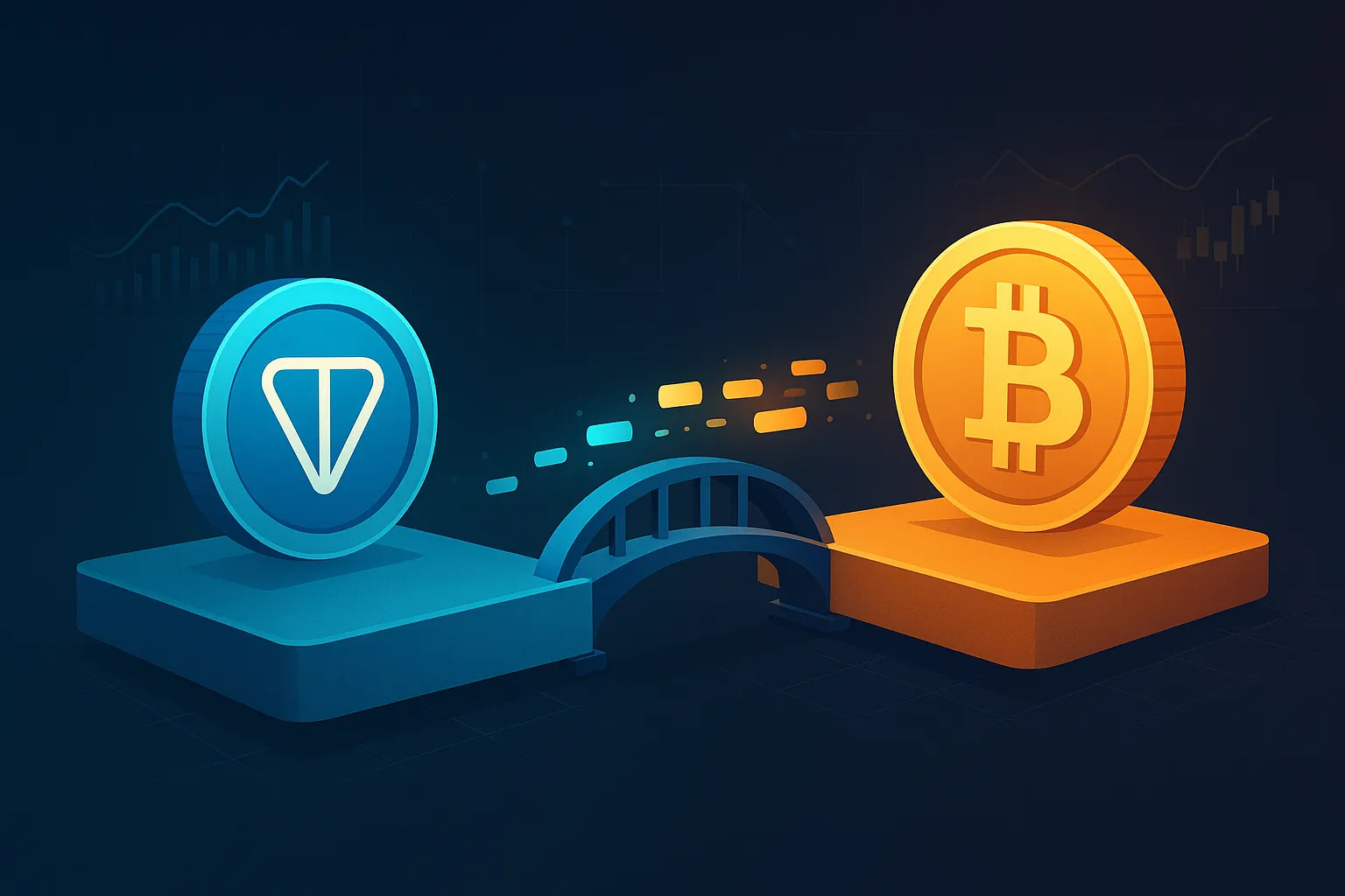 Ilustración de un puente de intercambio de TON a BTC con tokens digitales y flujo de datos