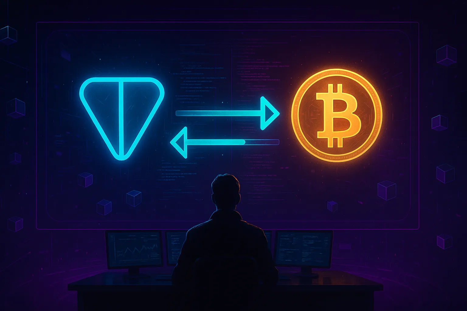 Comerciante de criptomonedas ciberpunk intercambiando TON por BTC en una pantalla holográfica