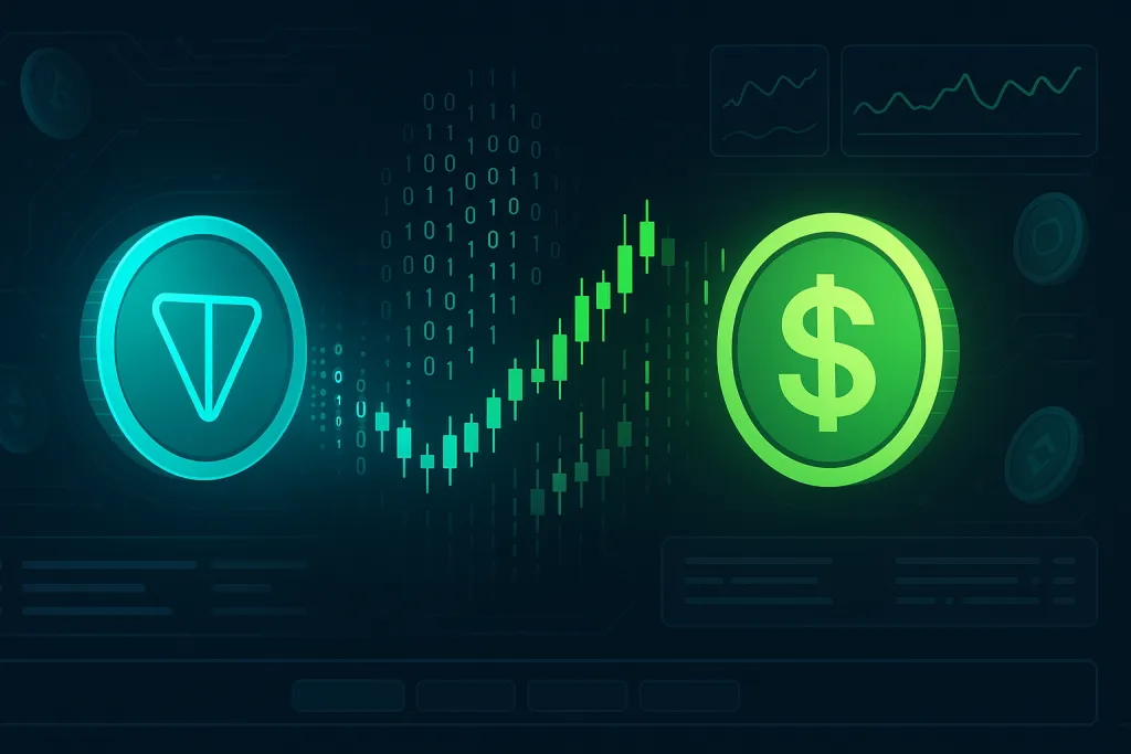 Futuristisch dashboard voor de omwisseling van TON naar USDT met oplichtende cryptomunten en grafieken.