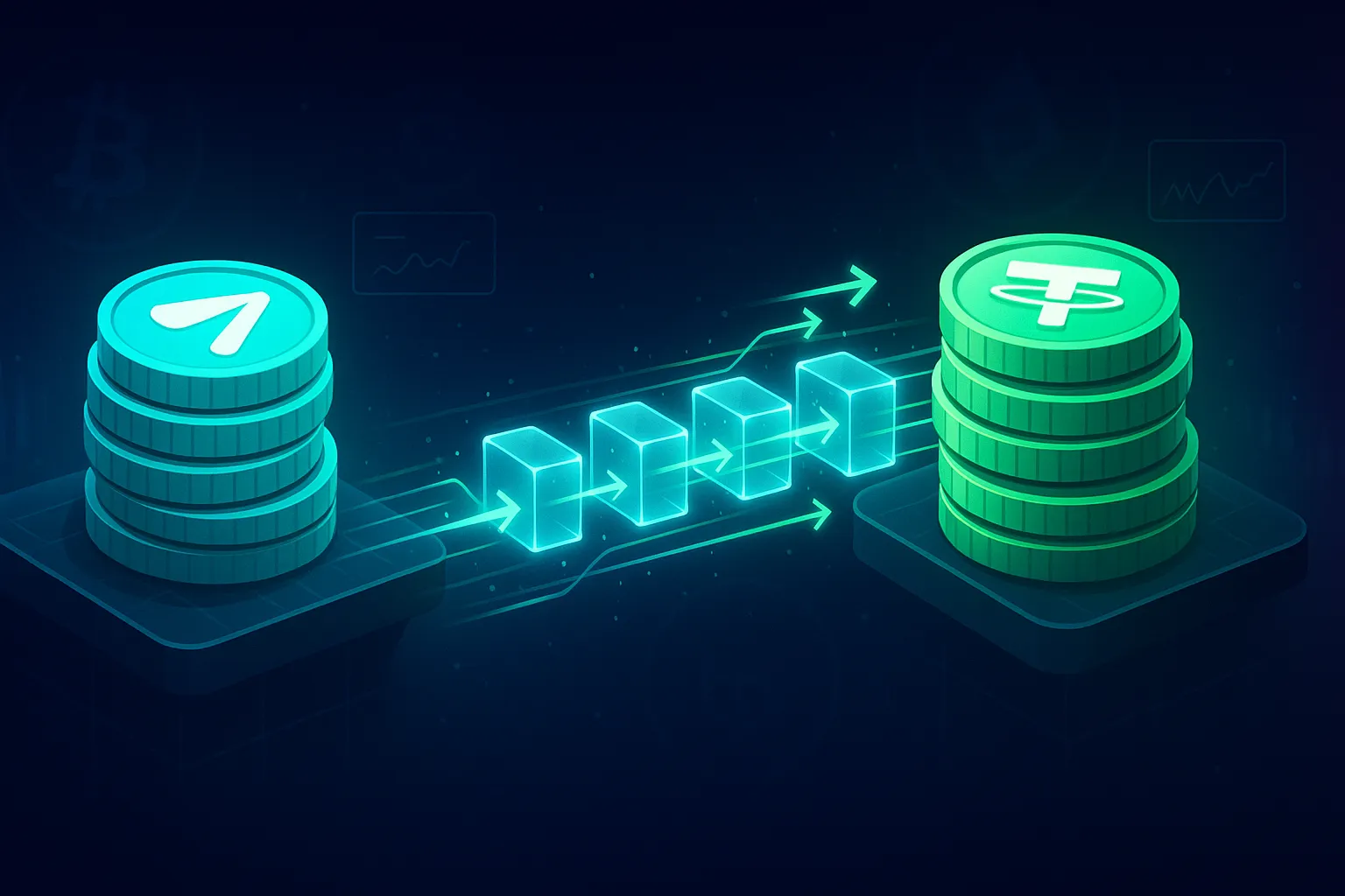 Digitale brug van blockchainblokken die TON-achtige munten omwisselen voor USDT-achtige stablecoins in neonkleurige cyberspace.