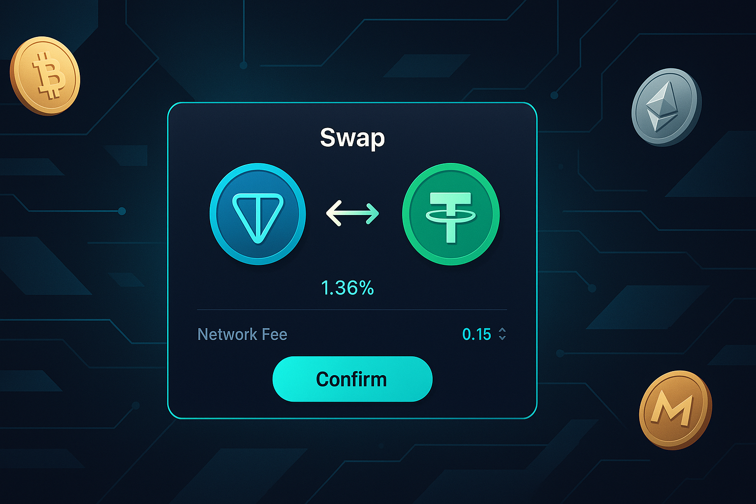 Modern dark-mode crypto dashboard showing TON to USDT swap interface