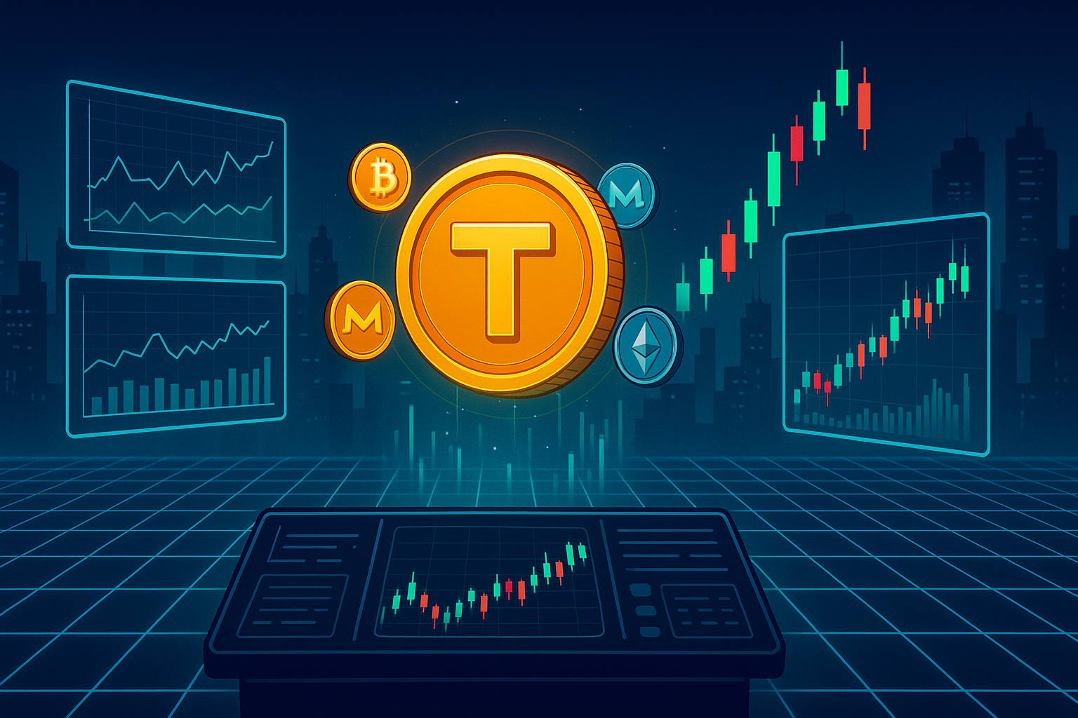 Futuristic trading desk with holographic charts and Toshi coin center stage