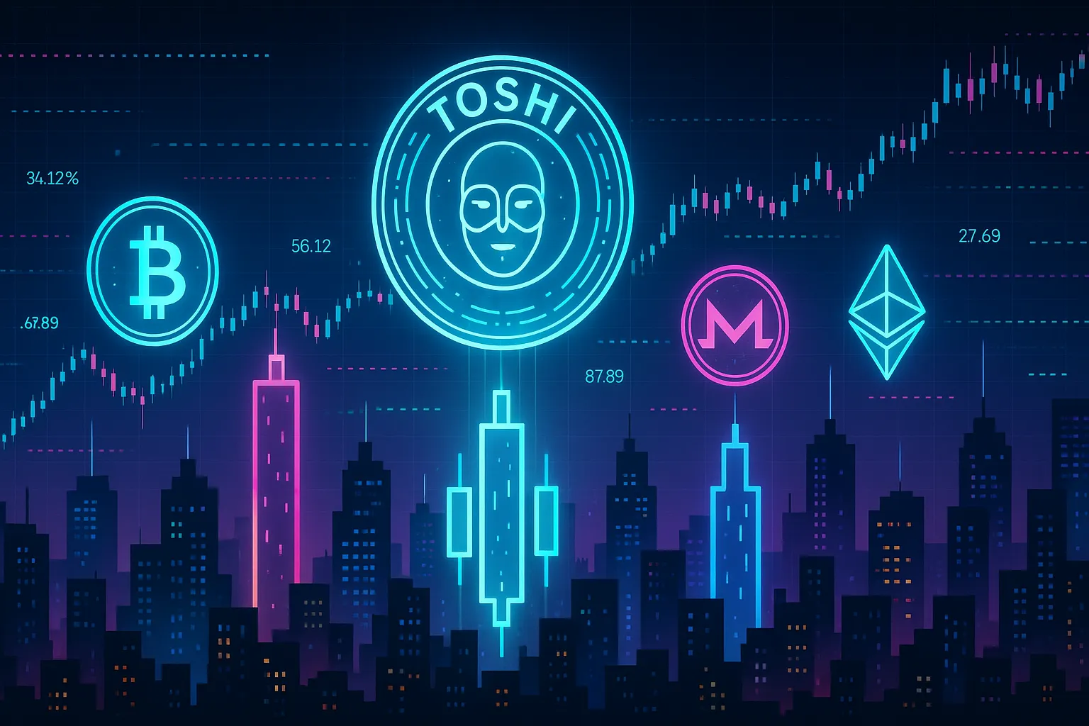 Cidade cripto futurista com moeda Toshi brilhante e horizonte em forma de vela à noite.