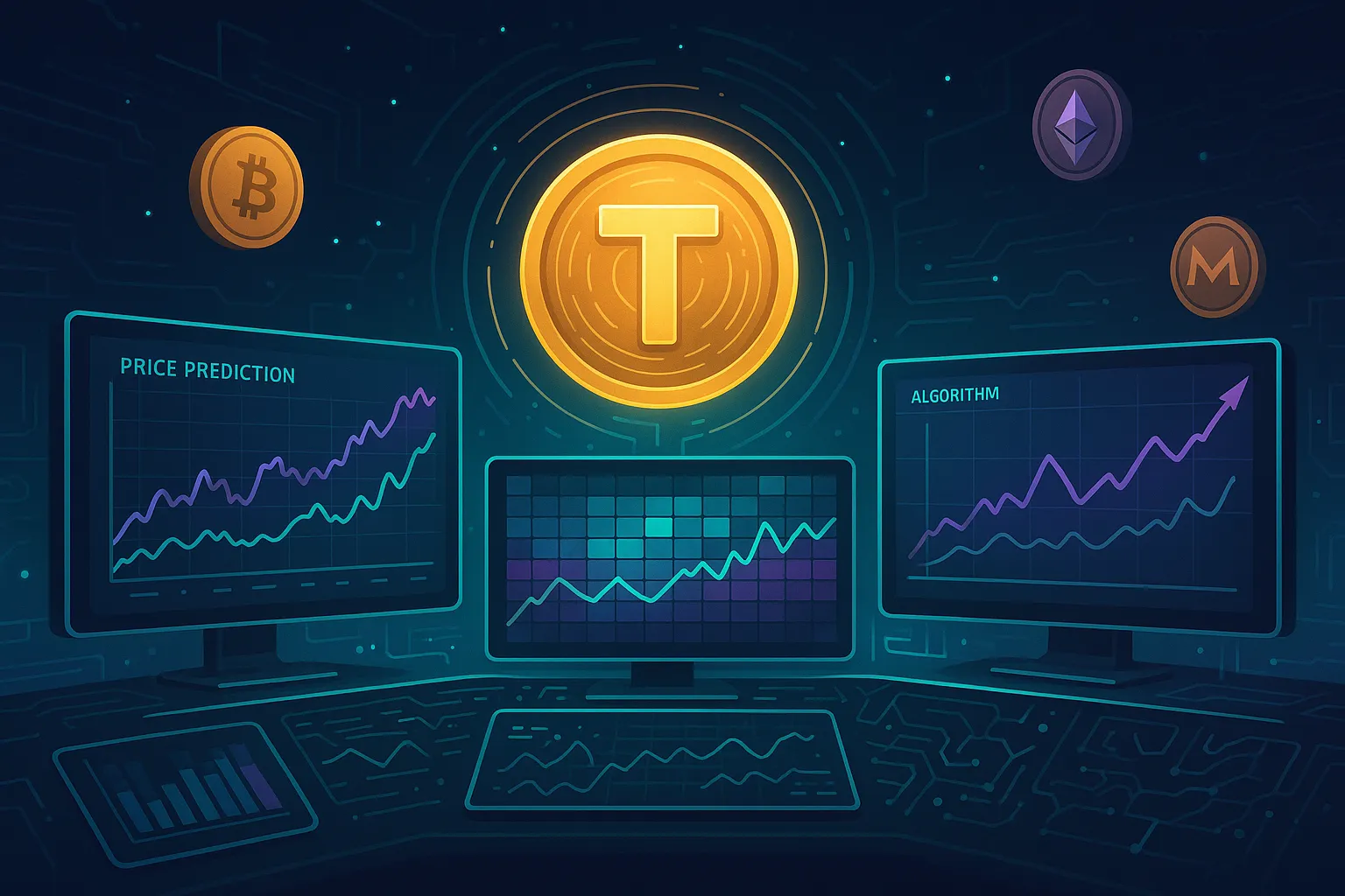Painel de controle futurista de criptomoedas analisando as previsões de preço da moeda Toshi em modo escuro.