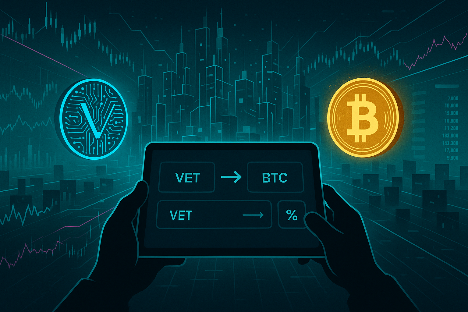 Trader swapping VET to BTC on a tablet with glowing crypto coins and data city background
