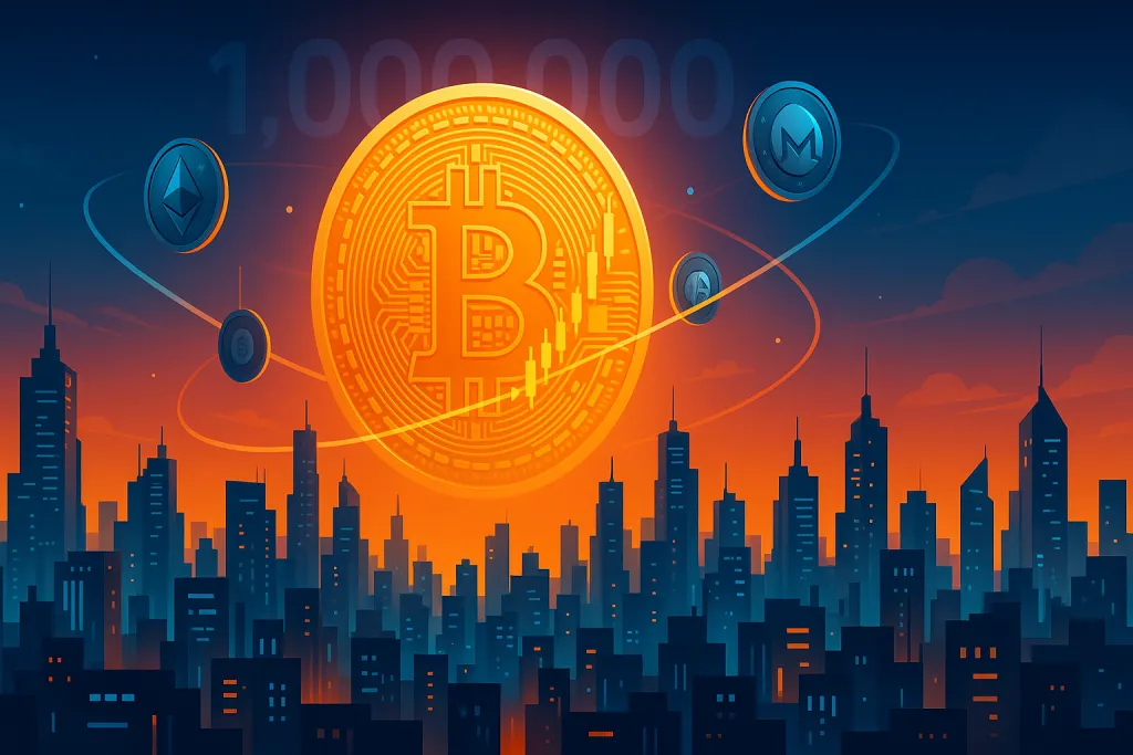 Cidade cyberpunk futurista com criptomoeda em ascensão meteórica e preço se aproximando de 1,000,000.