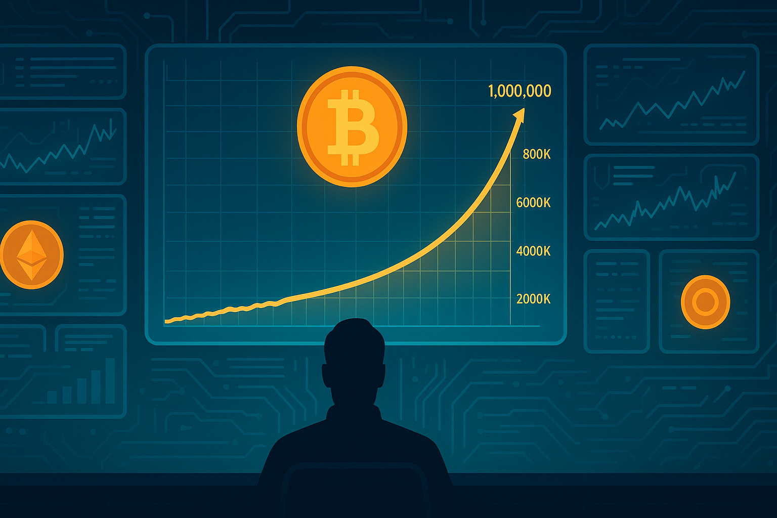 Trader in crypto war-room watching Bitcoin price chart race toward $1,000,000