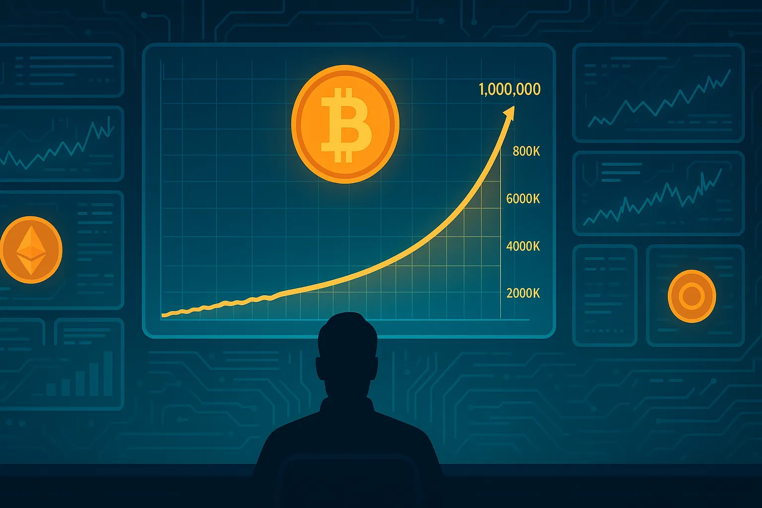 Operador em sala de guerra de criptomoedas acompanhando a disparada do gráfico de preços do Bitcoin rumo a US$ 1,000,000
