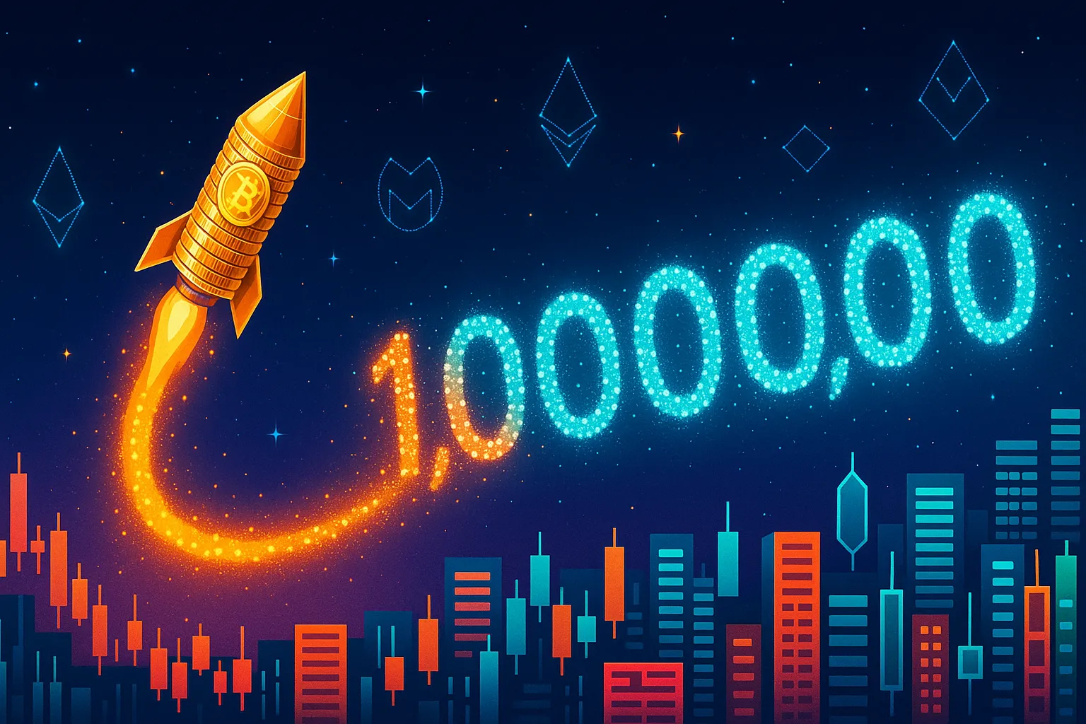Um foguete de Bitcoin feito de moedas dispara rumo a um pico de US$ 1,000,000 acima de uma cidade digital cripto.