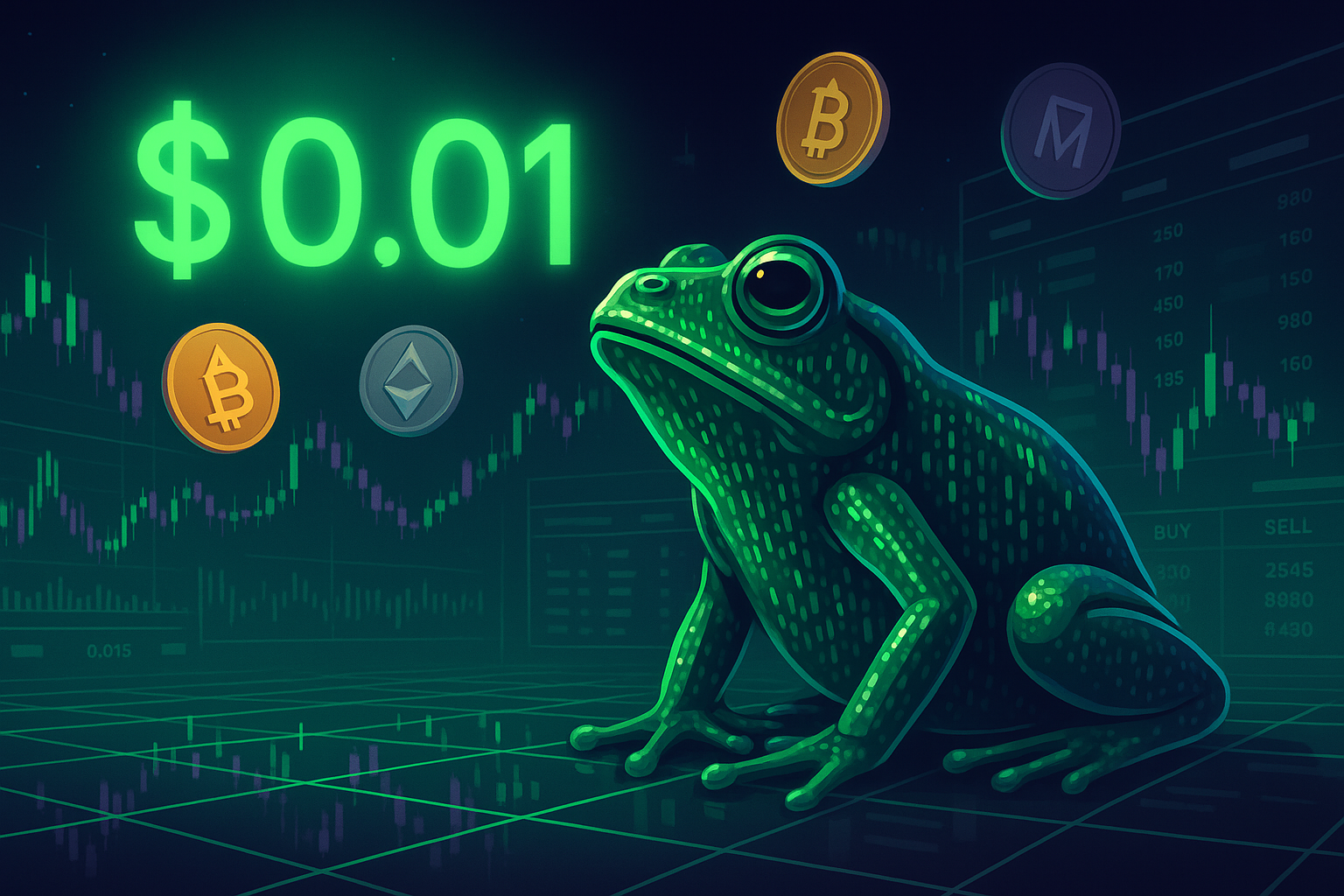 Digital frog on neon crypto trading floor gazing at glowing $0.01