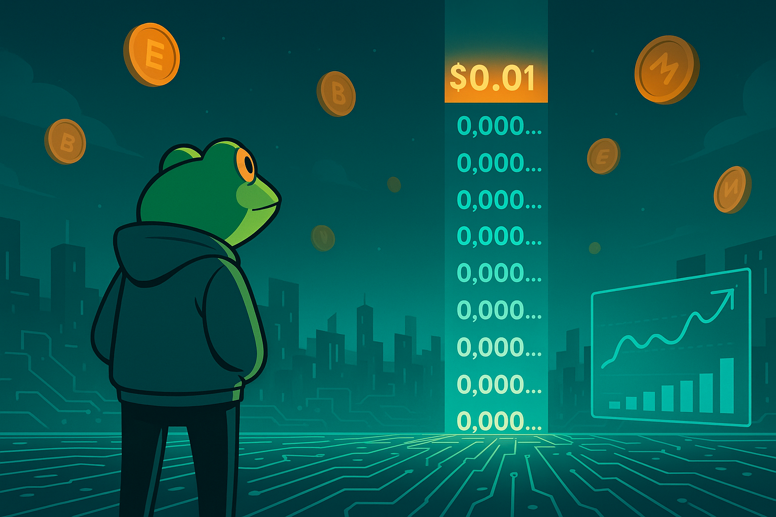Cartoon frog crypto trader watching meme coin price climb toward $0.01 on futuristic dashboard