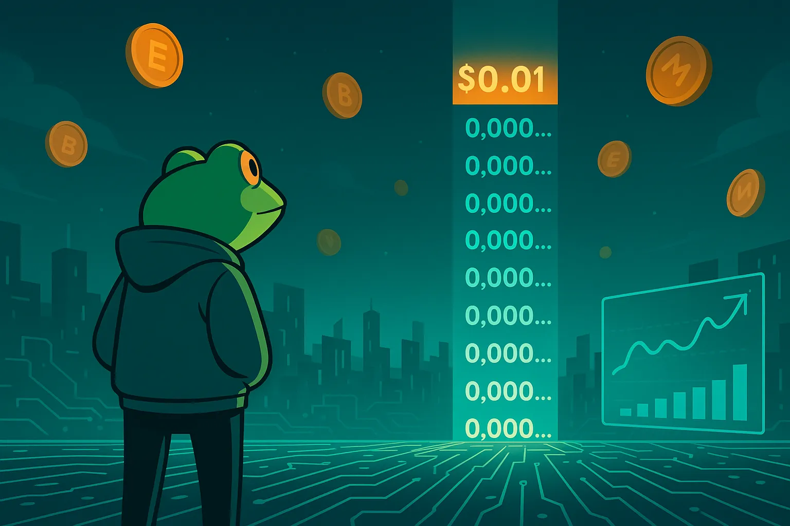 Cartoon frog crypto trader watching meme coin price climb toward $0.01 on futuristic dashboard